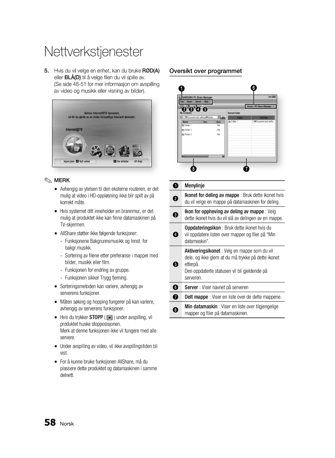 Samsung BD-C7500W/XEE manual Oversikt over programmet, Merk at denne funksjonen ikke vil fungere med alle servere 