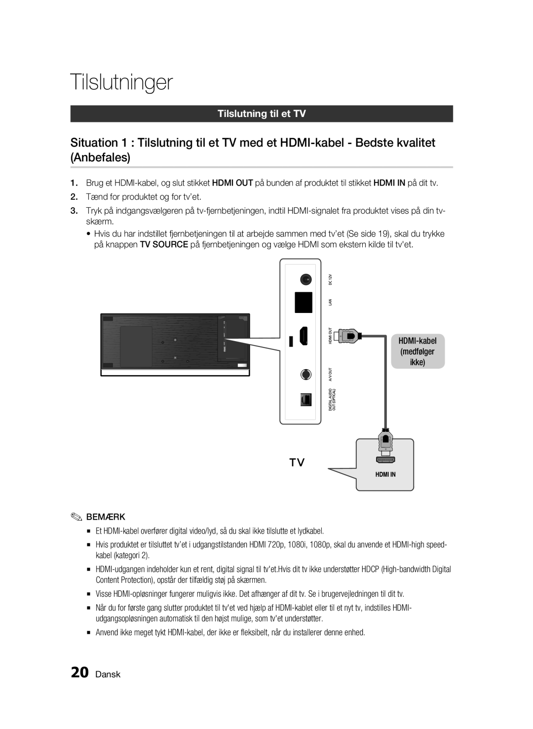 Samsung BD-C7500W/XEE manual Tilslutninger, Tilslutning til et TV 