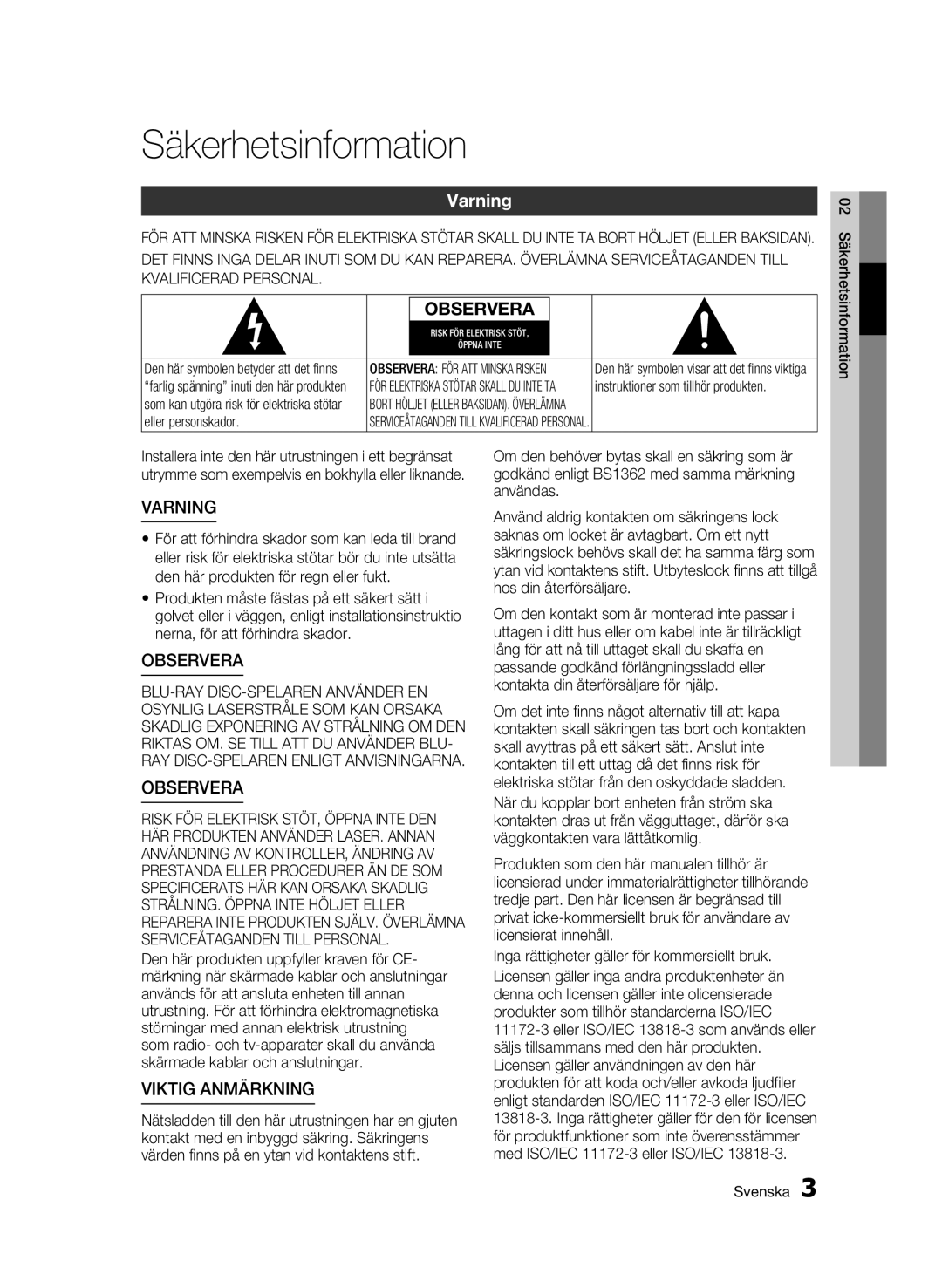 Samsung BD-C7500W/XEE manual Säkerhetsinformation, Varning, Instruktioner som tillhör produkten 