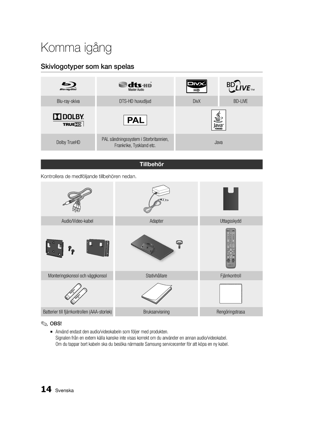 Samsung BD-C7500W/XEE manual Skivlogotyper som kan spelas, Tillbehör 