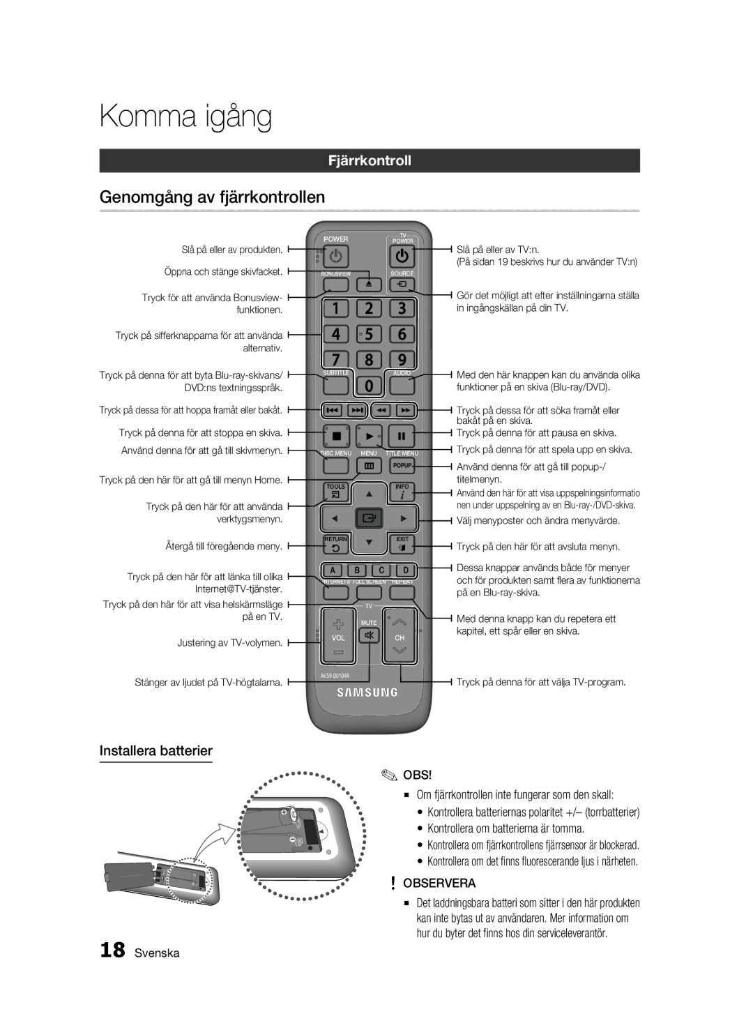 Samsung BD-C7500W/XEE manual Genomgång av fjärrkontrollen, Fjärrkontroll, Installera batterier 