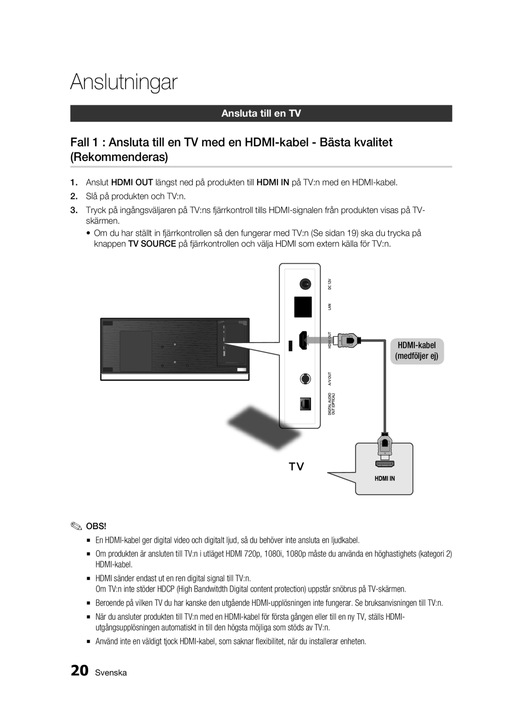 Samsung BD-C7500W/XEE manual Anslutningar, Ansluta till en TV 