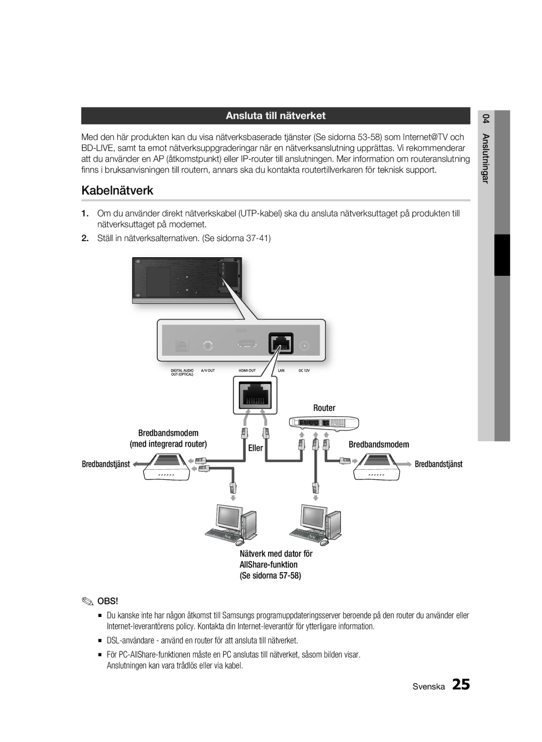 Samsung BD-C7500W/XEE manual Kabelnätverk, Ansluta till nätverket, Bredbandstjänst Router Bredbandsmodem 