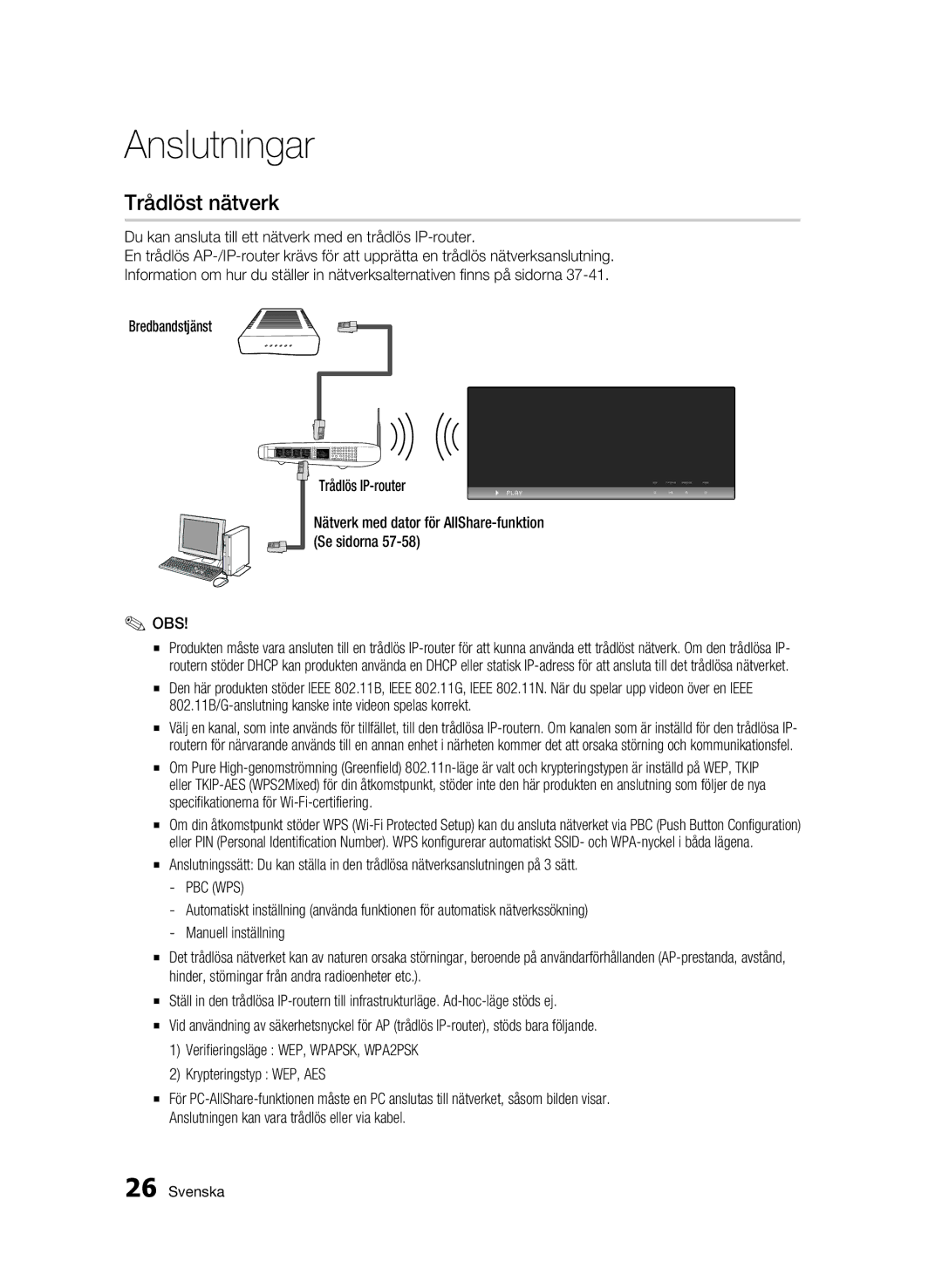 Samsung BD-C7500W/XEE manual Trådlöst nätverk, Pbc Wps 