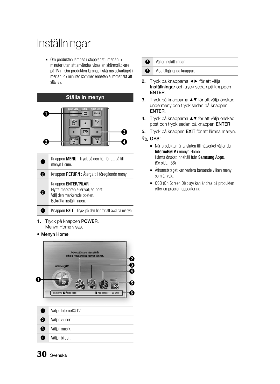 Samsung BD-C7500W/XEE manual Ställa in menyn, Menyn Home, Knappen ENTER/PILAR Flytta markören eller välj en post 