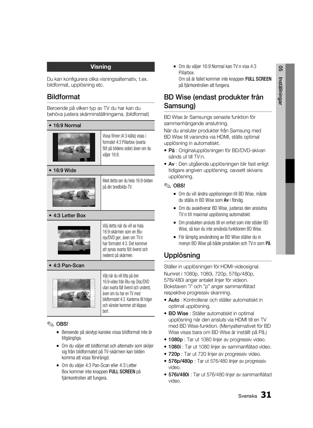 Samsung BD-C7500W/XEE manual Bildformat, BD Wise endast produkter från Samsung, Upplösning, Visning 