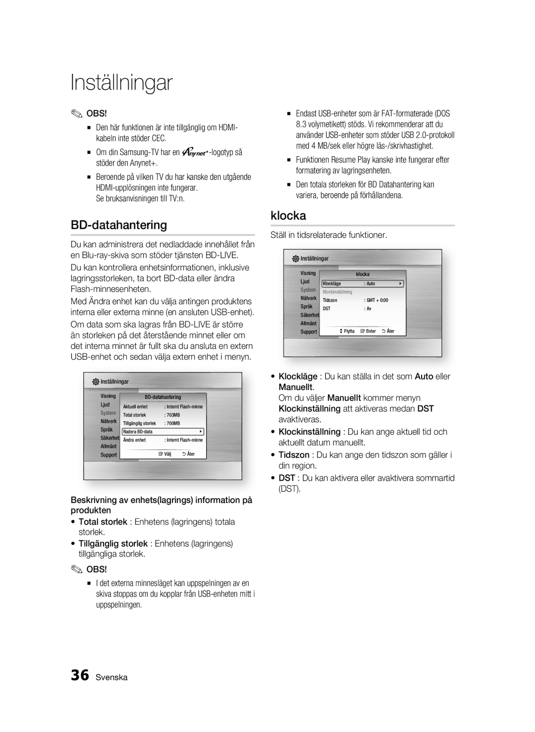 Samsung BD-C7500W/XEE manual BD-datahantering, Klocka, Se bruksanvisningen till TVn, Ställ in tidsrelaterade funktioner 