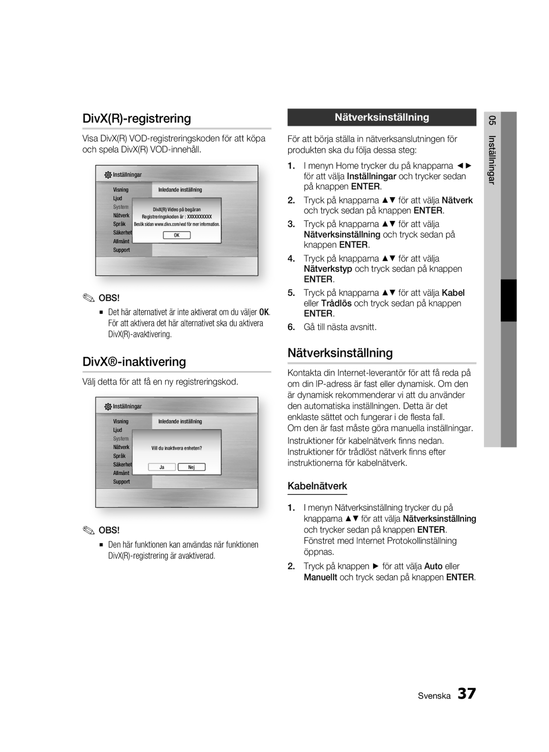 Samsung BD-C7500W/XEE manual DivXR-registrering, DivX-inaktivering, Nätverksinställning, Kabelnätverk 