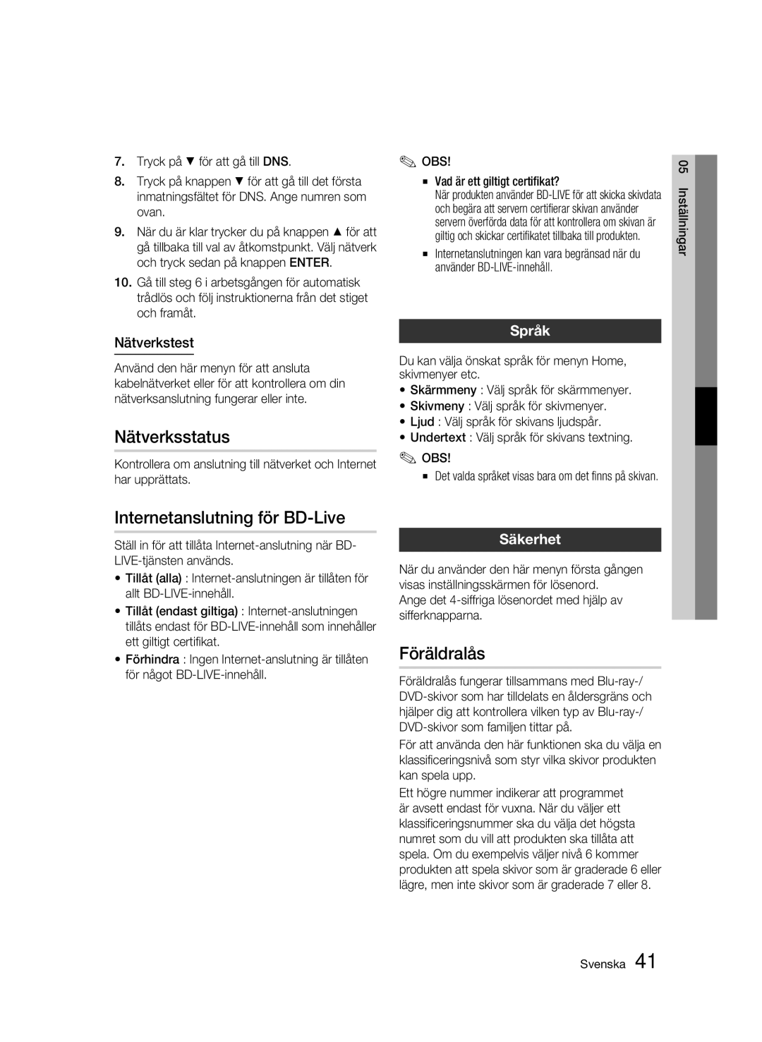 Samsung BD-C7500W/XEE manual Nätverksstatus, Internetanslutning för BD-Live, Föräldralås, Nätverkstest, Säkerhet 