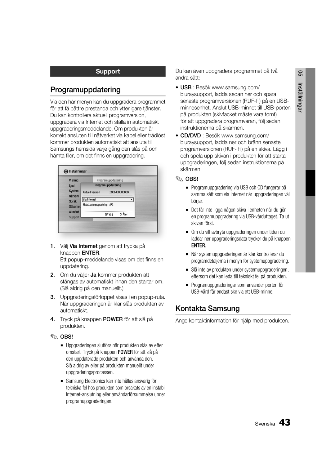 Samsung BD-C7500W/XEE manual Programuppdatering, Kontakta Samsung 