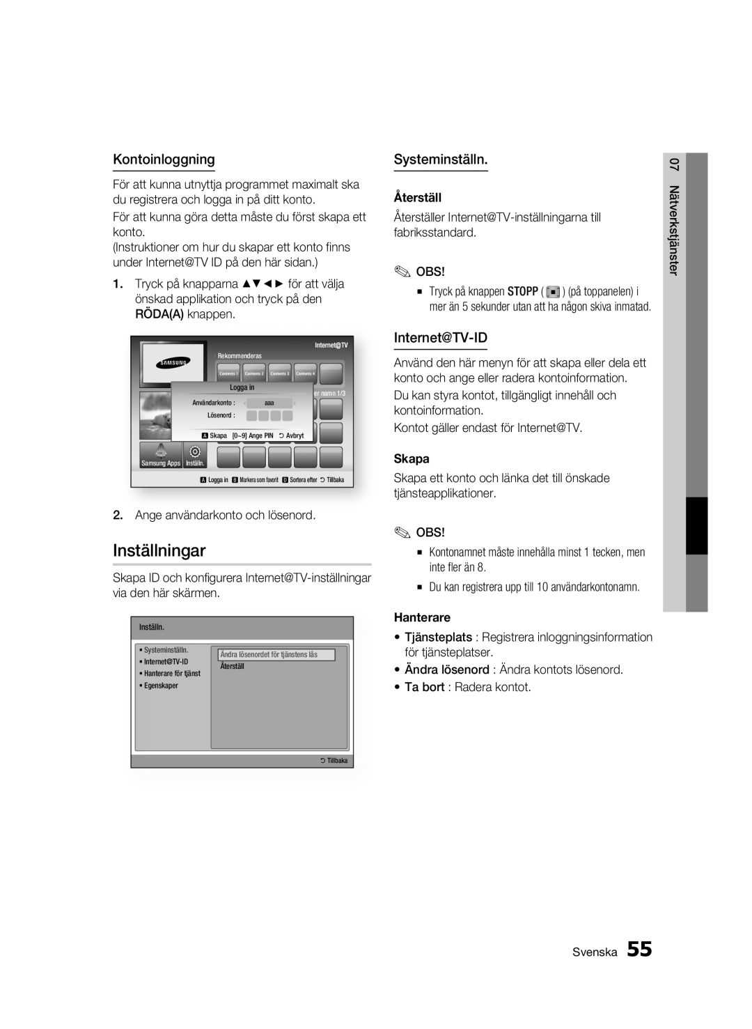 Samsung BD-C7500W/XEE manual Inställningar, Kontoinloggning, Systeminställn 