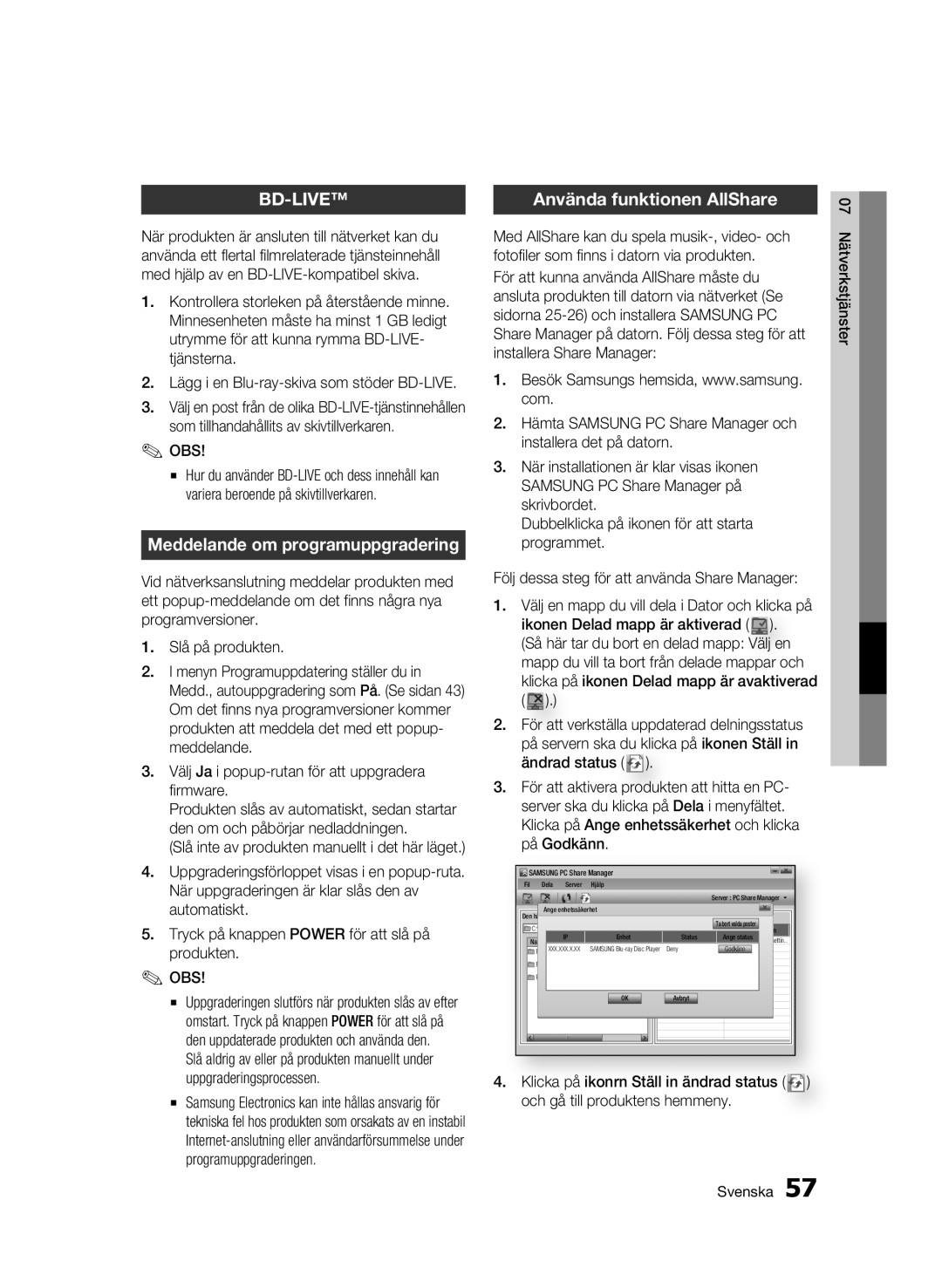 Samsung BD-C7500W/XEE manual Meddelande om programuppgradering, Använda funktionen AllShare 