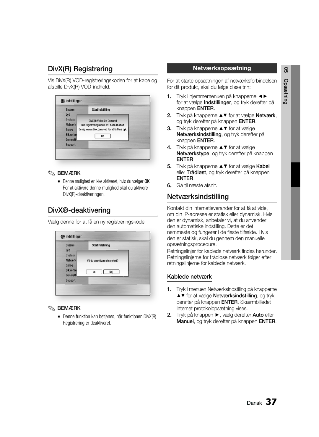 Samsung BD-C7500W/XEE manual DivXR Registrering, DivX-deaktivering, Netværksindstilling, Netværksopsætning, Kablede netværk 