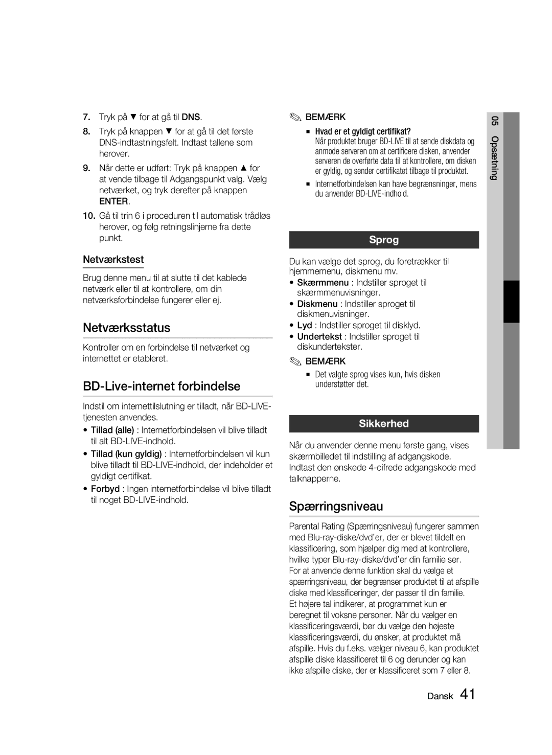 Samsung BD-C7500W/XEE manual Netværksstatus, BD-Live-internet forbindelse, Spærringsniveau, Sprog, Sikkerhed 