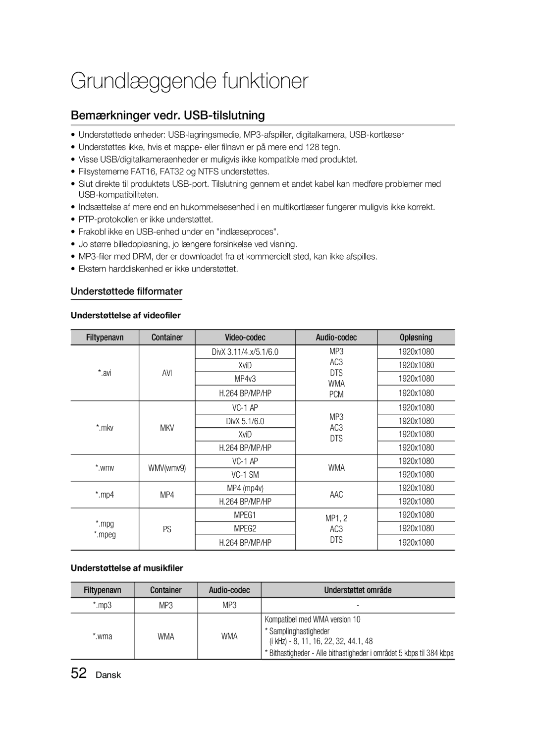 Samsung BD-C7500W/XEE manual Bemærkninger vedr. USB-tilslutning, Understøttede filformater 