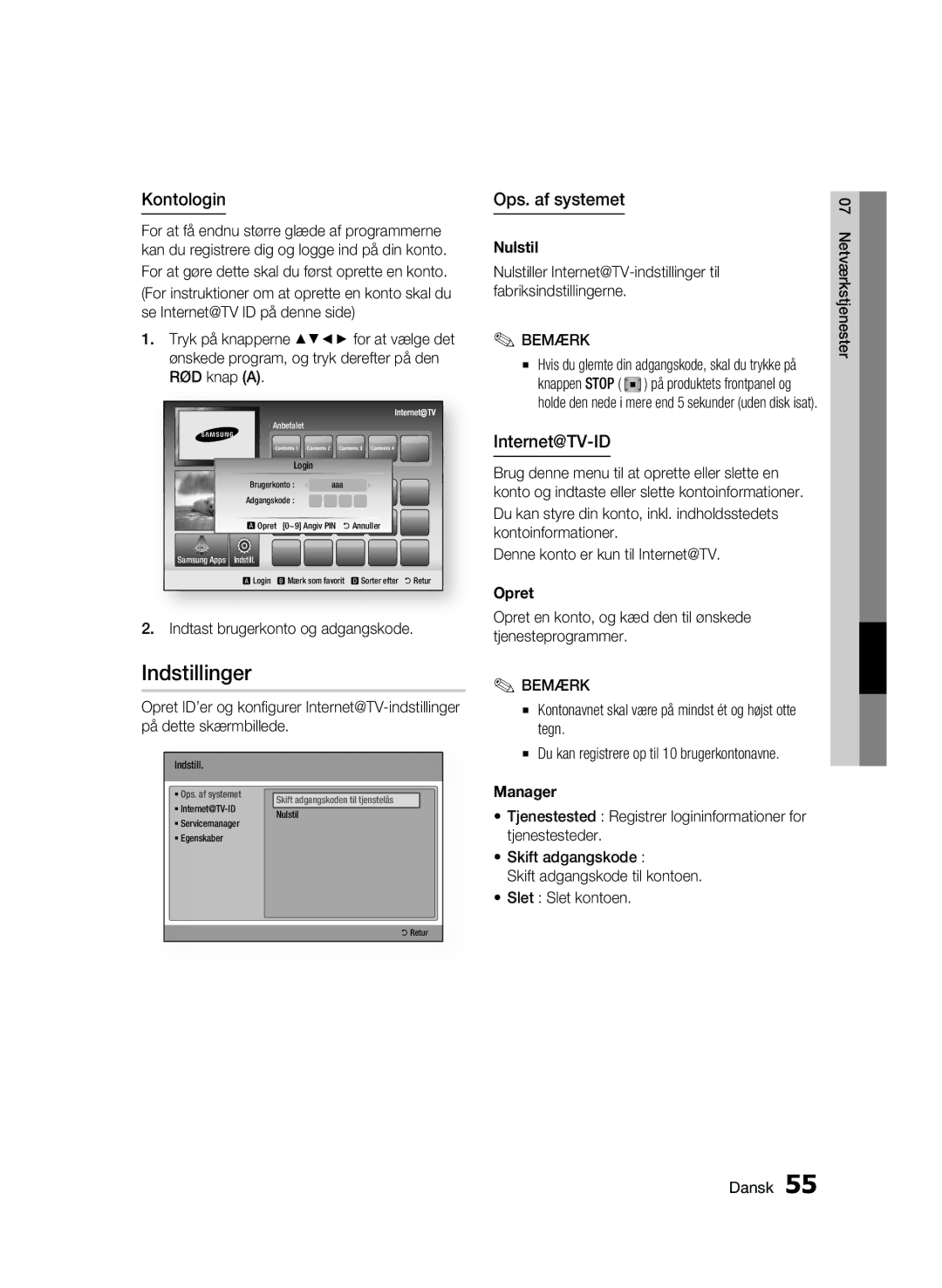 Samsung BD-C7500W/XEE manual Indstillinger, Kontologin, Ops. af systemet, Internet@TV-ID 