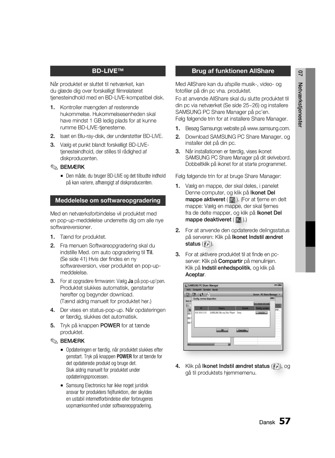 Samsung BD-C7500W/XEE manual Meddelelse om softwareopgradering, Brug af funktionen AllShare 