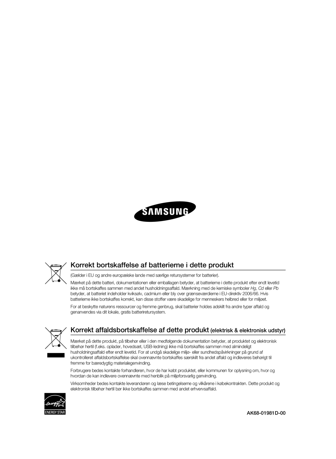 Samsung BD-C7500W/XEE manual Korrekt bortskaffelse af batterierne i dette produkt, AK68-01981D-00 