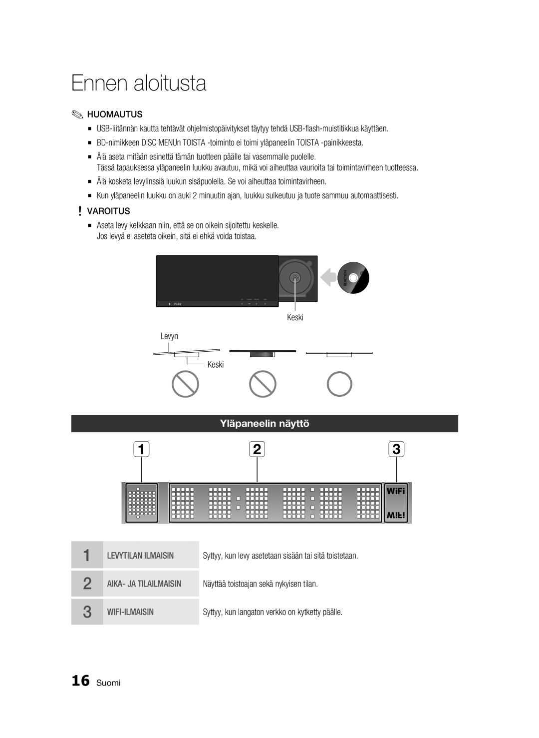 Samsung BD-C7500W/XEE manual Yläpaneelin näyttö, Varoitus, Keski Levyn 
