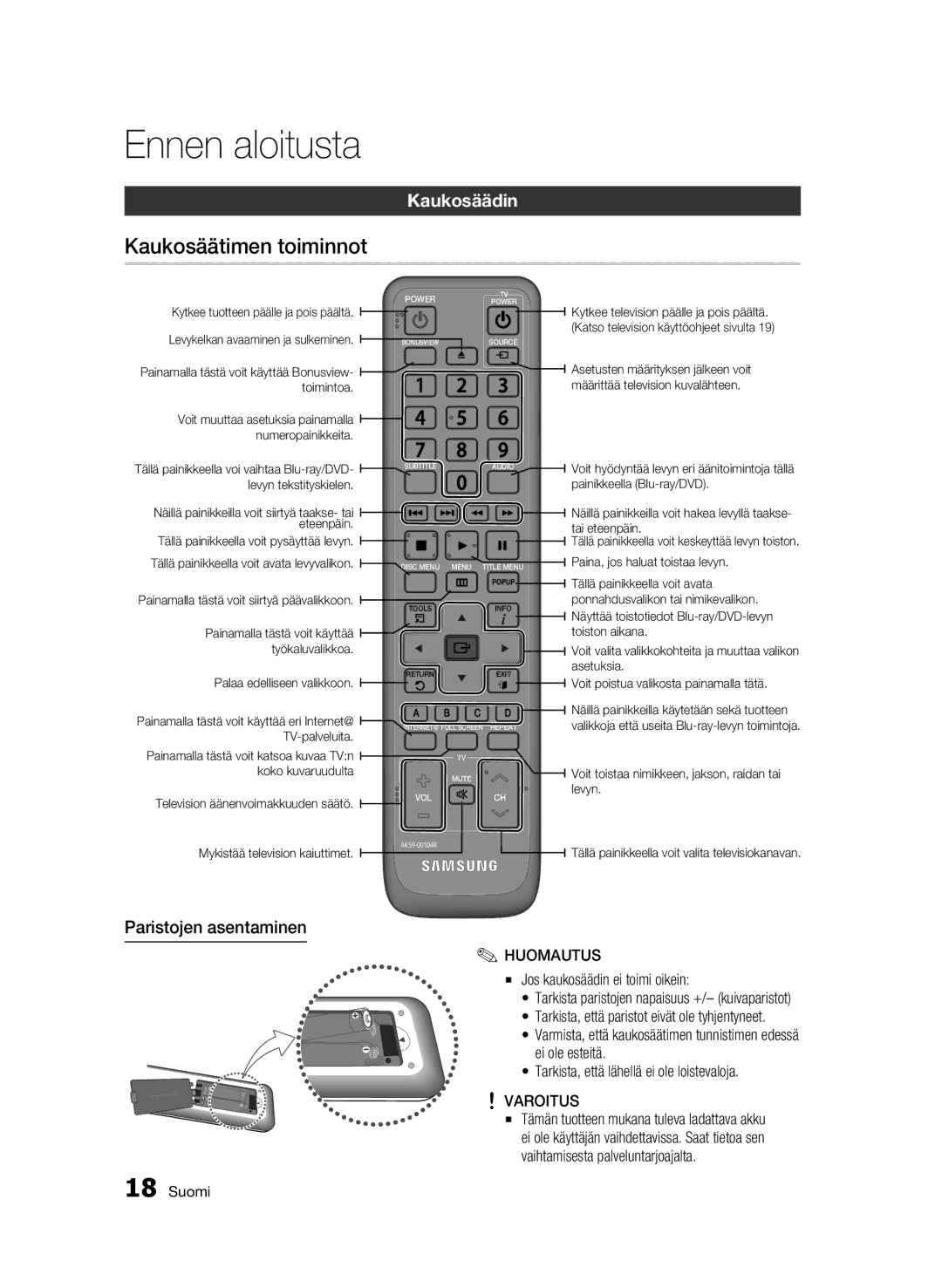 Samsung BD-C7500W/XEE manual Kaukosäätimen toiminnot, Kaukosäädin, Paristojen asentaminen, Palaa edelliseen valikkoon 