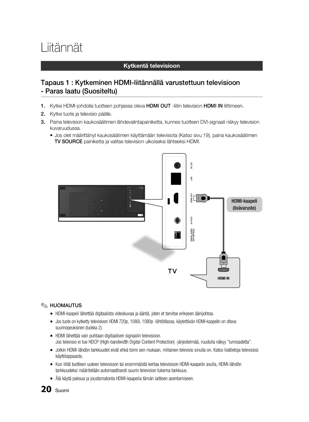 Samsung BD-C7500W/XEE manual Liitännät, Kytkentä televisioon, HDMI-kaapeli lisävaruste 