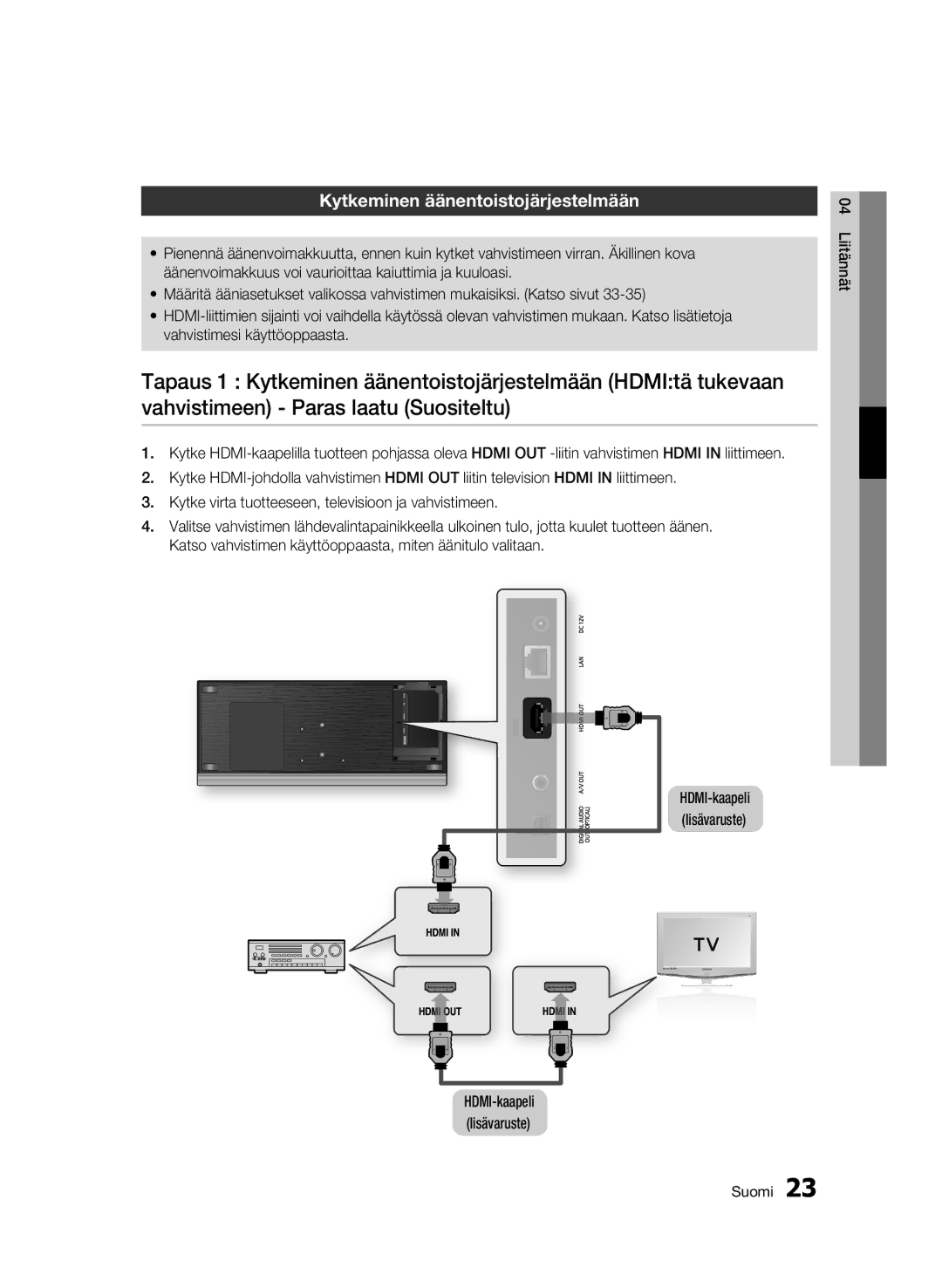 Samsung BD-C7500W/XEE manual Kytkeminen äänentoistojärjestelmään 