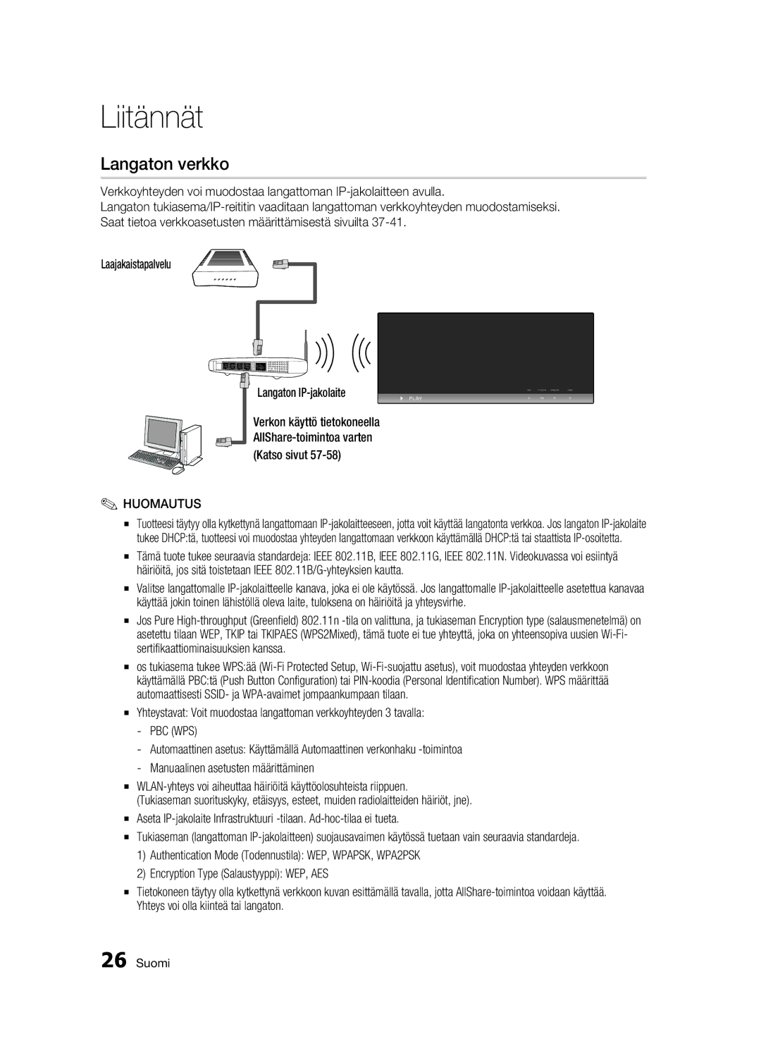 Samsung BD-C7500W/XEE manual Langaton verkko, Pbc Wps 