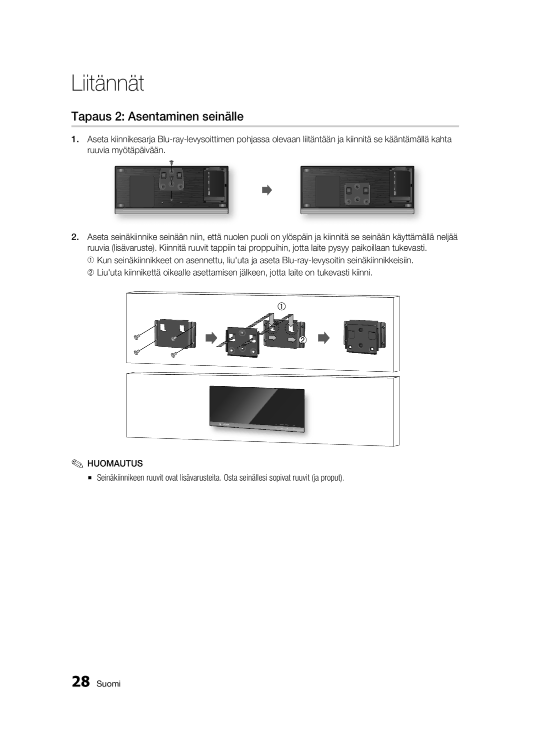 Samsung BD-C7500W/XEE manual Tapaus 2 Asentaminen seinälle 