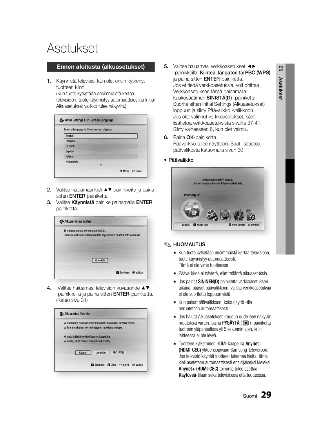 Samsung BD-C7500W/XEE manual Asetukset, Ennen aloitusta alkuasetukset, Paina OK-painiketta, Päävalikko 