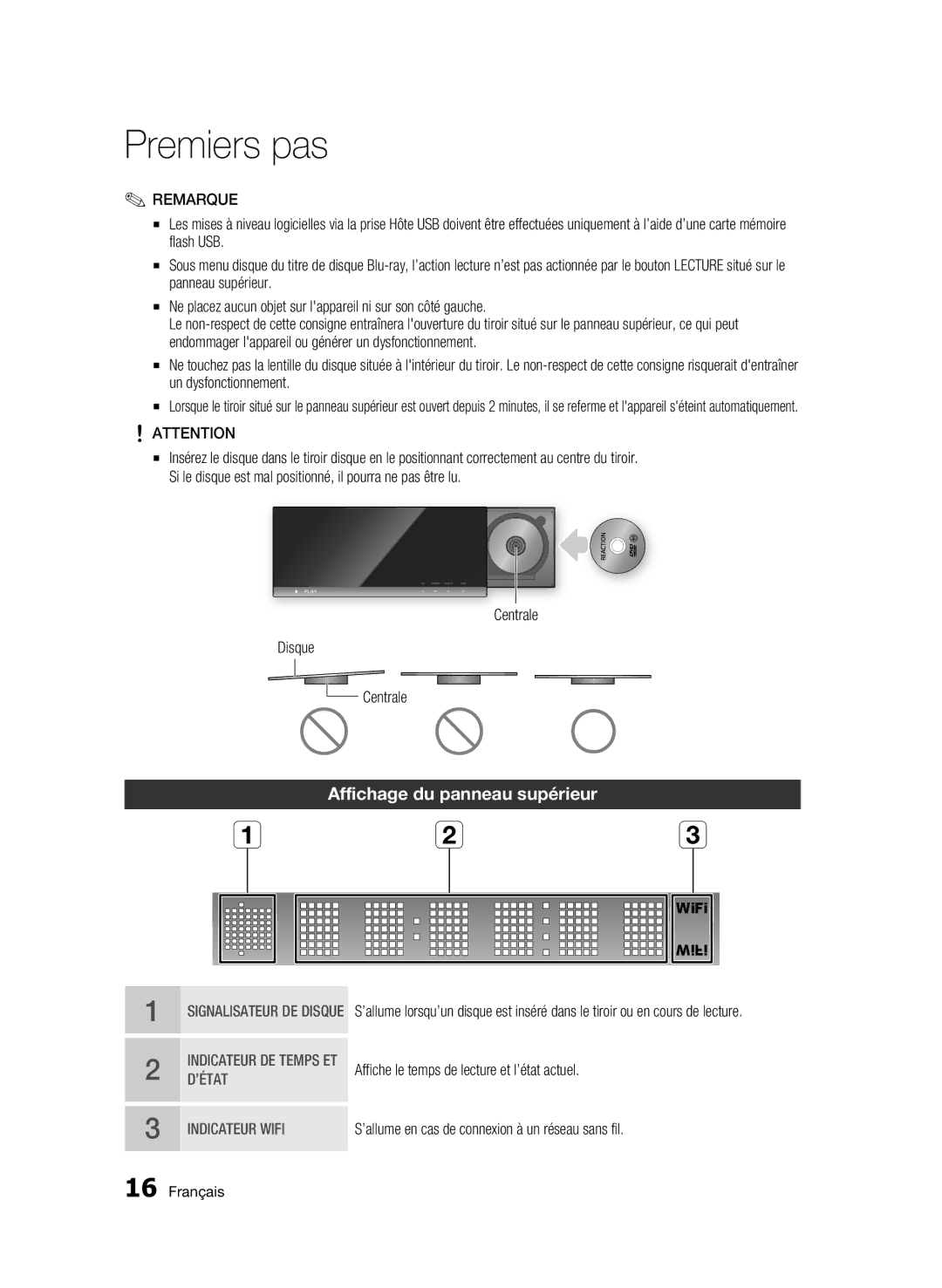 Samsung BD-C7500W/XEF manual Affichage du panneau supérieur, Centrale Disque 