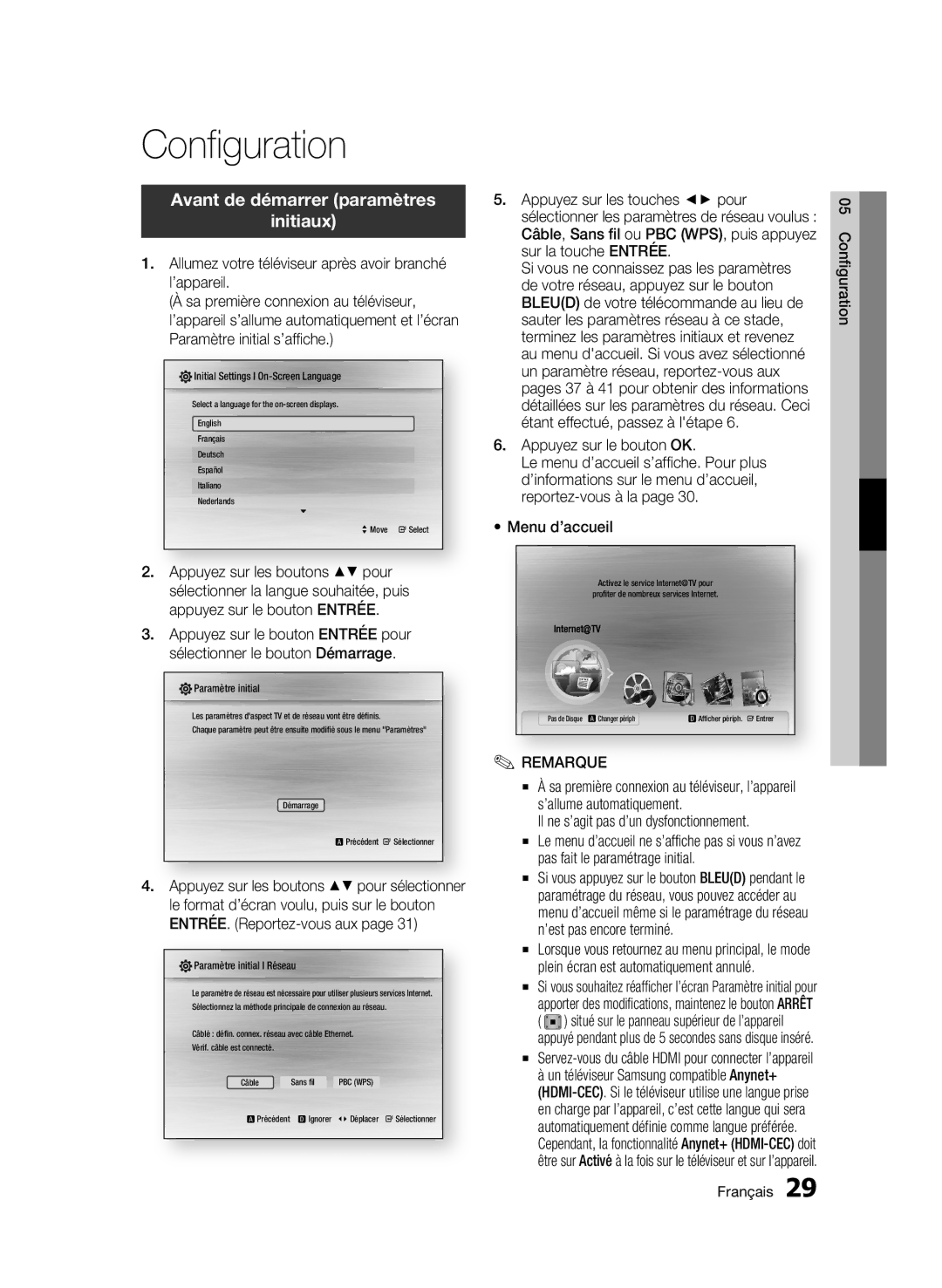 Samsung BD-C7500W/XEF manual Configuration, Avant de démarrer paramètres Initiaux, Appuyez sur le bouton OK, Menu d’accueil 