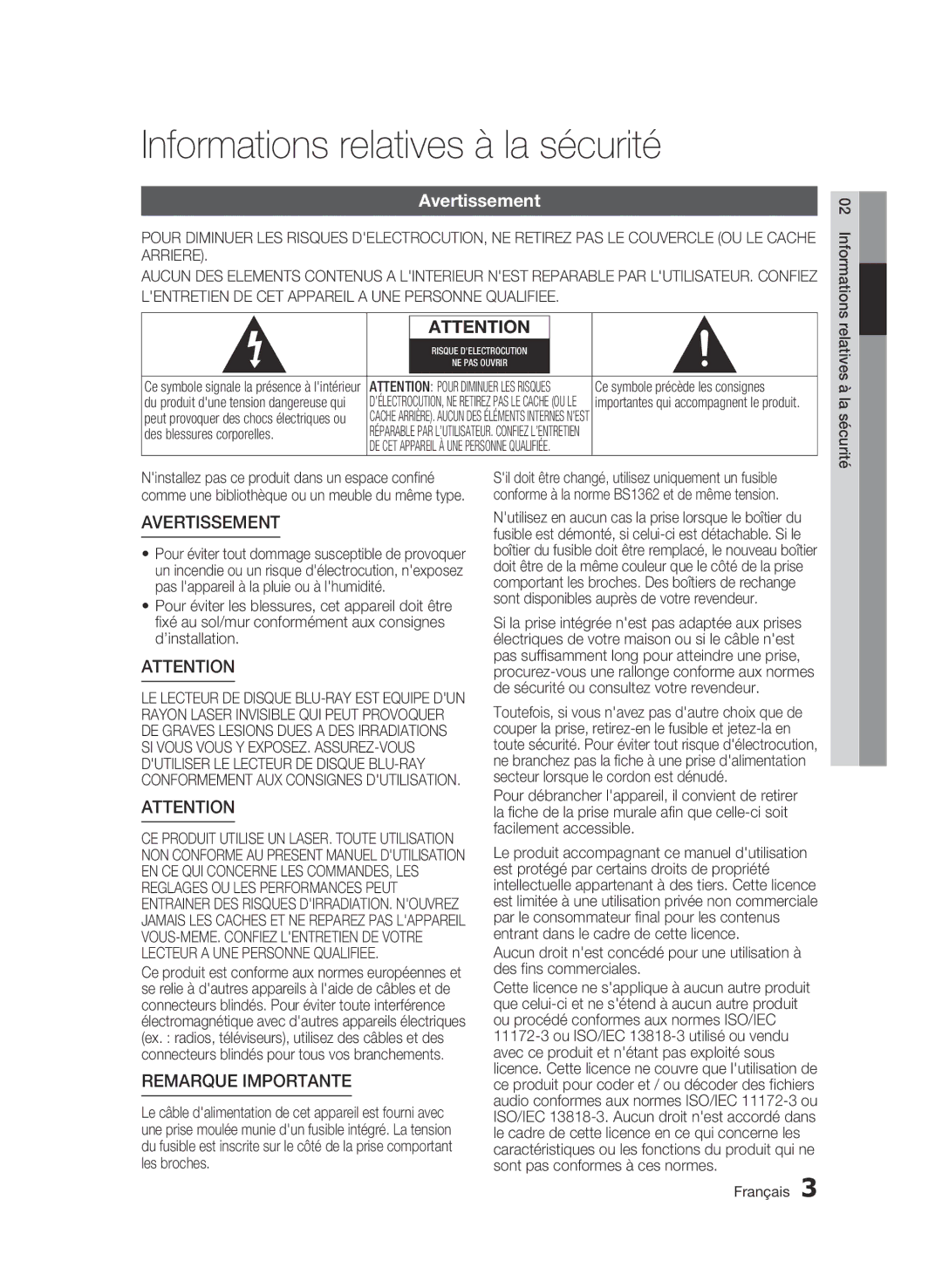 Samsung BD-C7500W/XEF manual Informations relatives à la sécurité, Avertissement, Ce symbole précède les consignes 