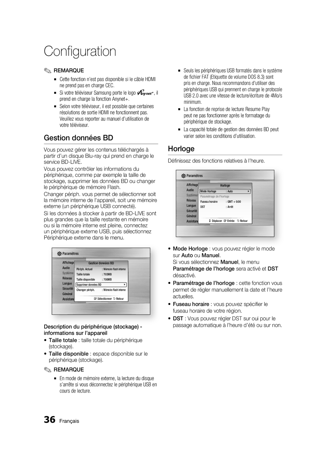 Samsung BD-C7500W/XEF manual Gestion données BD, Horloge, Définissez des fonctions relatives à l’heure 