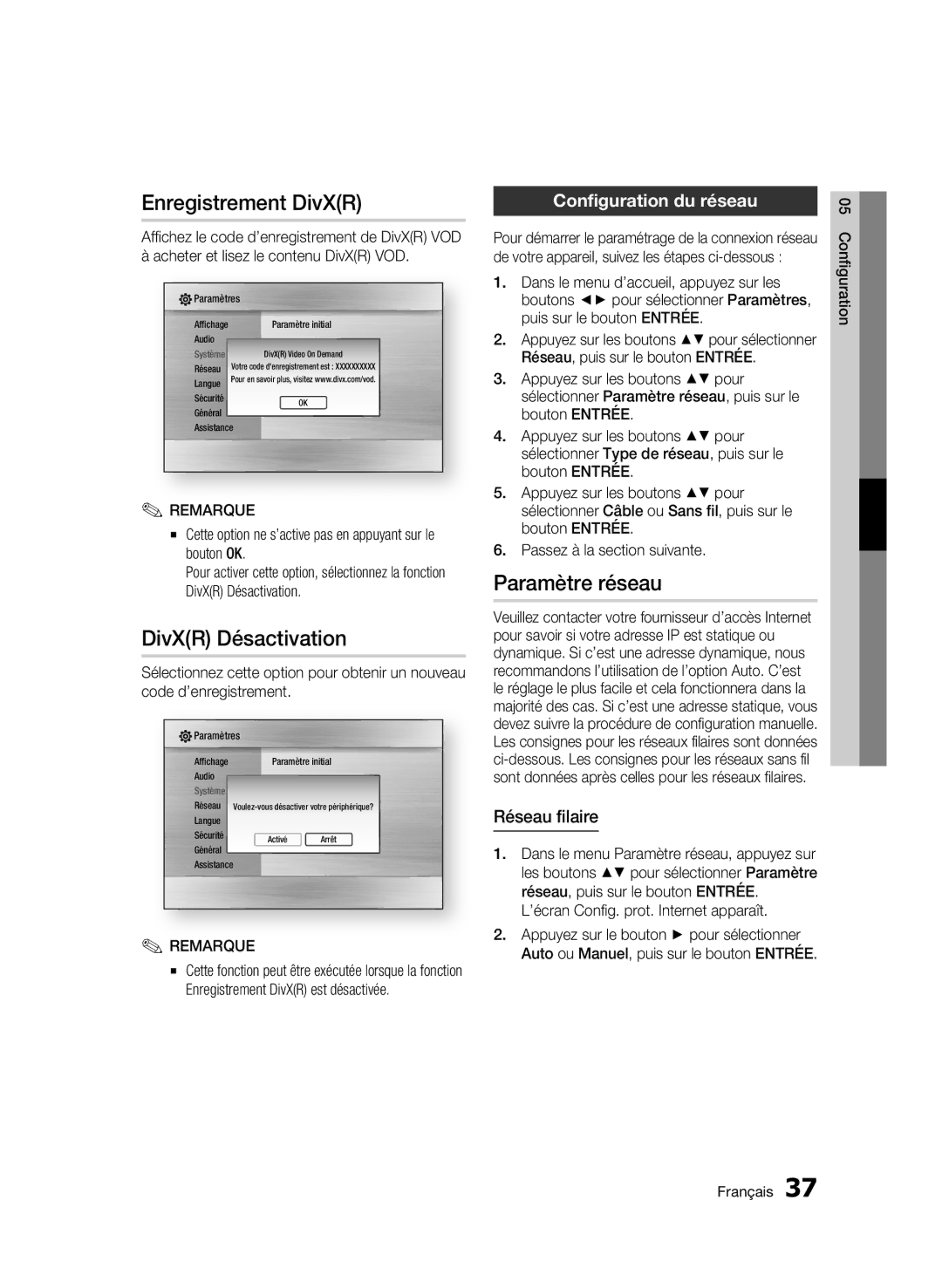 Samsung BD-C7500W/XEF Enregistrement DivXR, DivXR Désactivation, Paramètre réseau, Configuration du réseau, Réseau filaire 