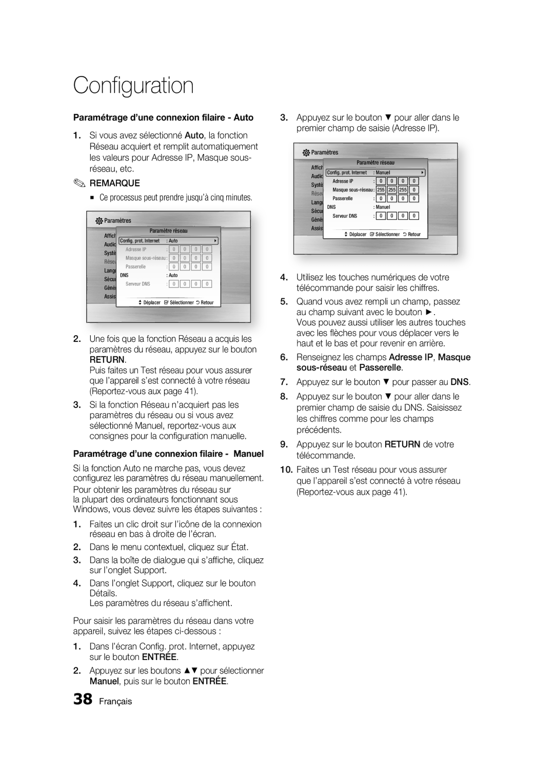 Samsung BD-C7500W/XEF Paramétrage d’une connexion filaire Auto, Return, Ce processus peut prendre jusqu’à cinq minutes 