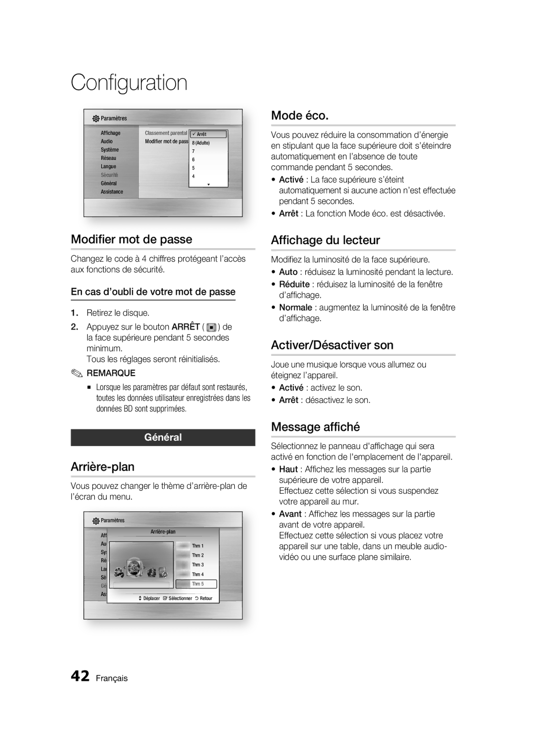 Samsung BD-C7500W/XEF manual Modifier mot de passe, Arrière-plan, Mode éco, Affichage du lecteur, Activer/Désactiver son 