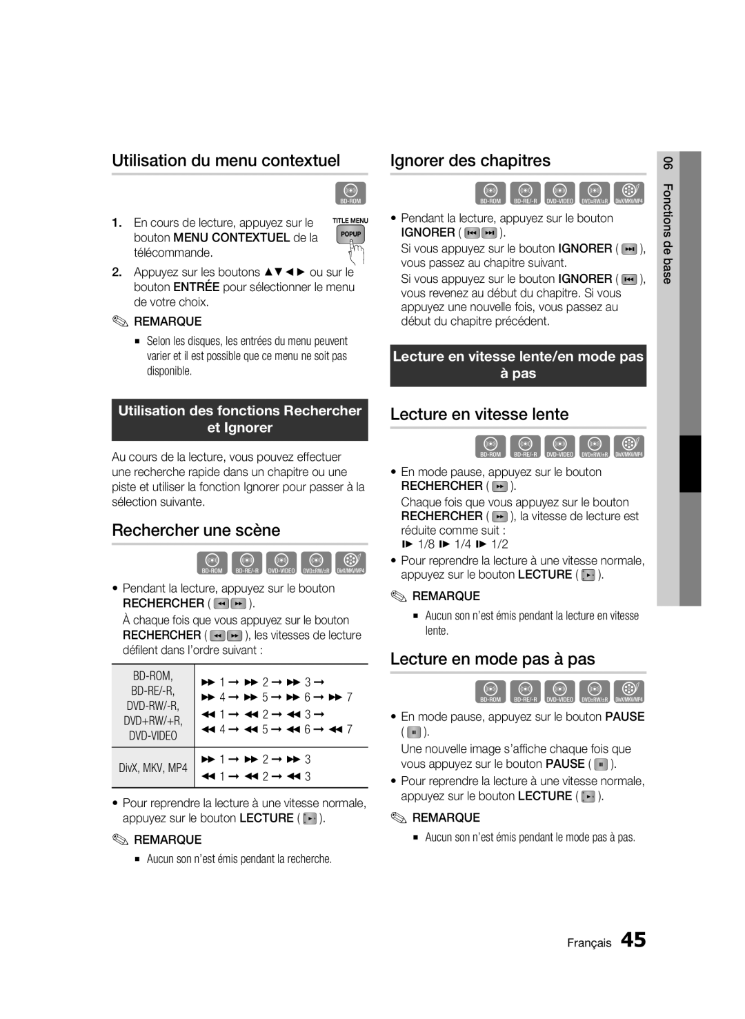 Samsung BD-C7500W/XEF manual Utilisation du menu contextuel, Rechercher une scène, Ignorer des chapitres 