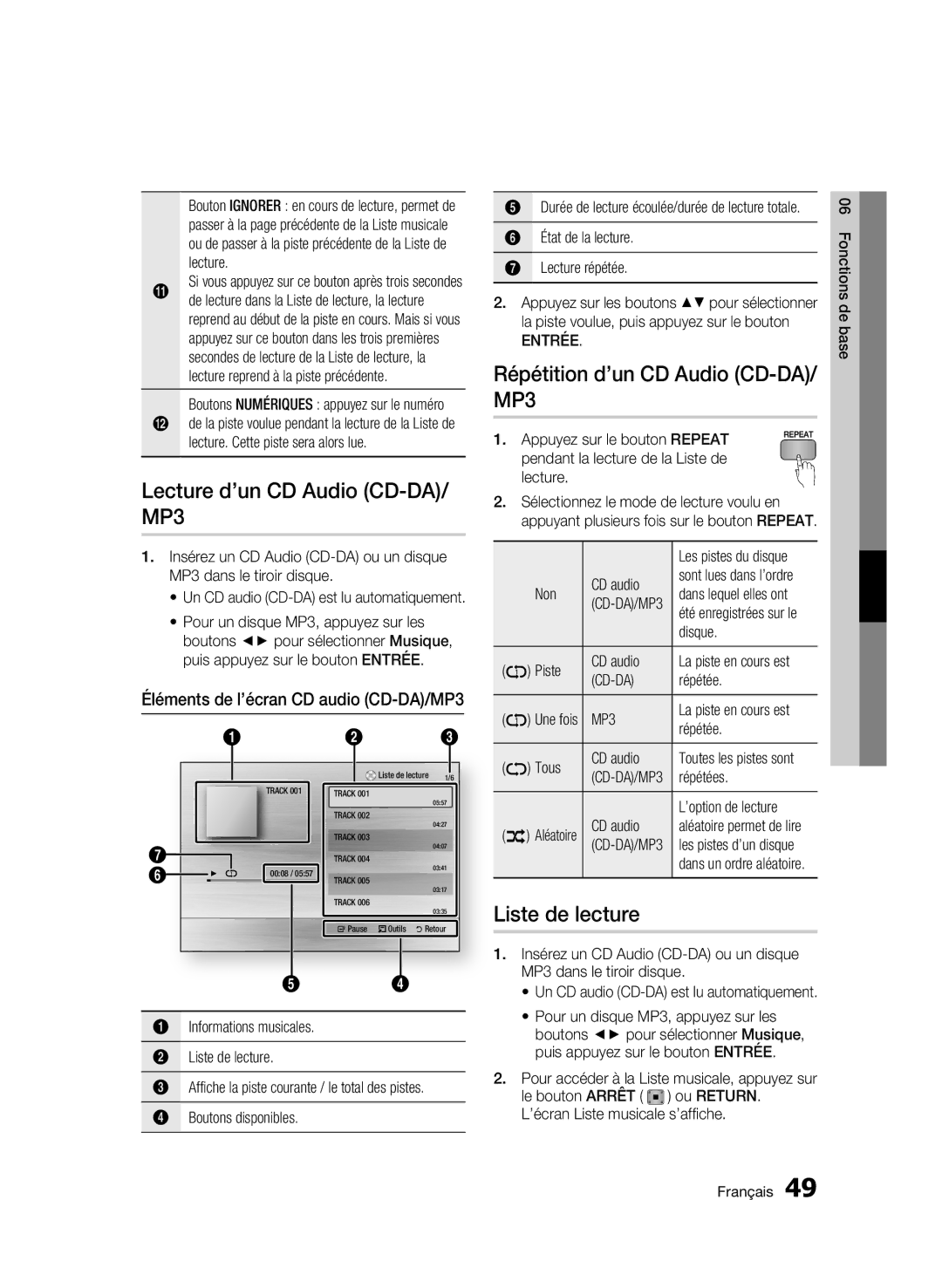 Samsung BD-C7500W/XEF manual Lecture d’un CD Audio CD-DA/ MP3, Répétition d’un CD Audio CD-DA/ MP3, Liste de lecture, Cd-Da 