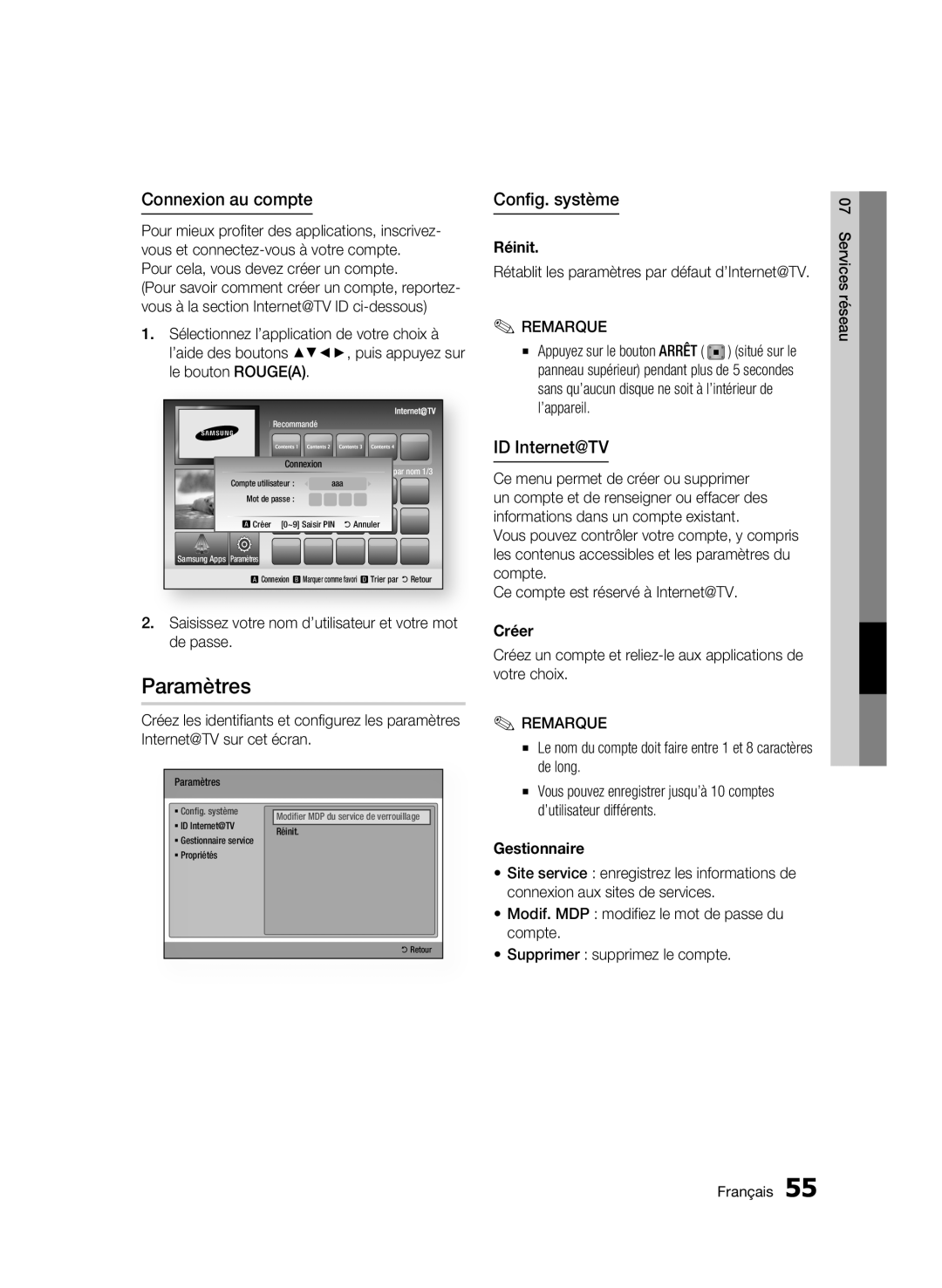 Samsung BD-C7500W/XEF manual Paramètres, Connexion au compte, Config. système, ID Internet@TV 