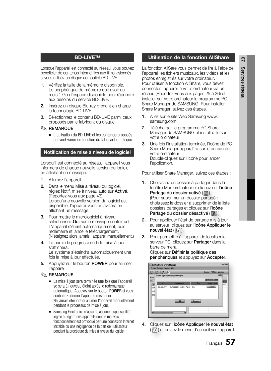 Samsung BD-C7500W/XEF manual Notification de mise à niveau de logiciel, Utilisation de la fonction AllShare 