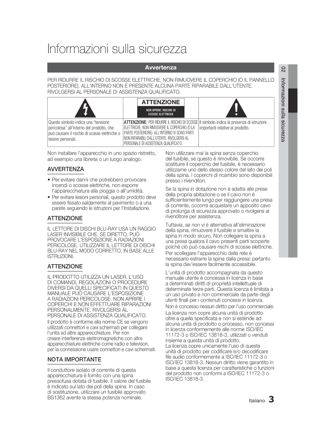 Samsung BD-C7500W/XEF manual Informazioni sulla sicurezza, Avvertenza 