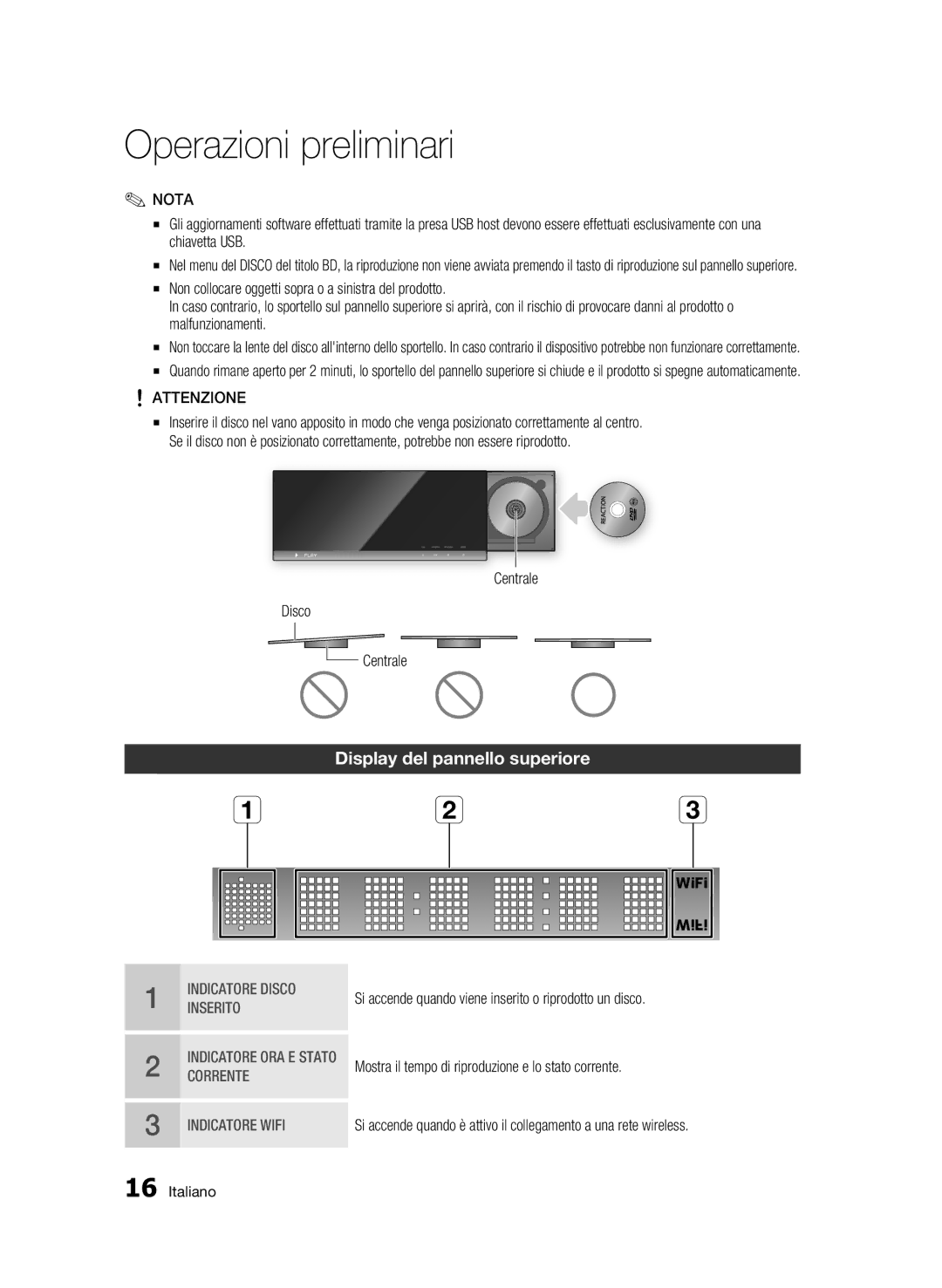 Samsung BD-C7500W/XEF manual Display del pannello superiore, Attenzione, Centrale Disco 