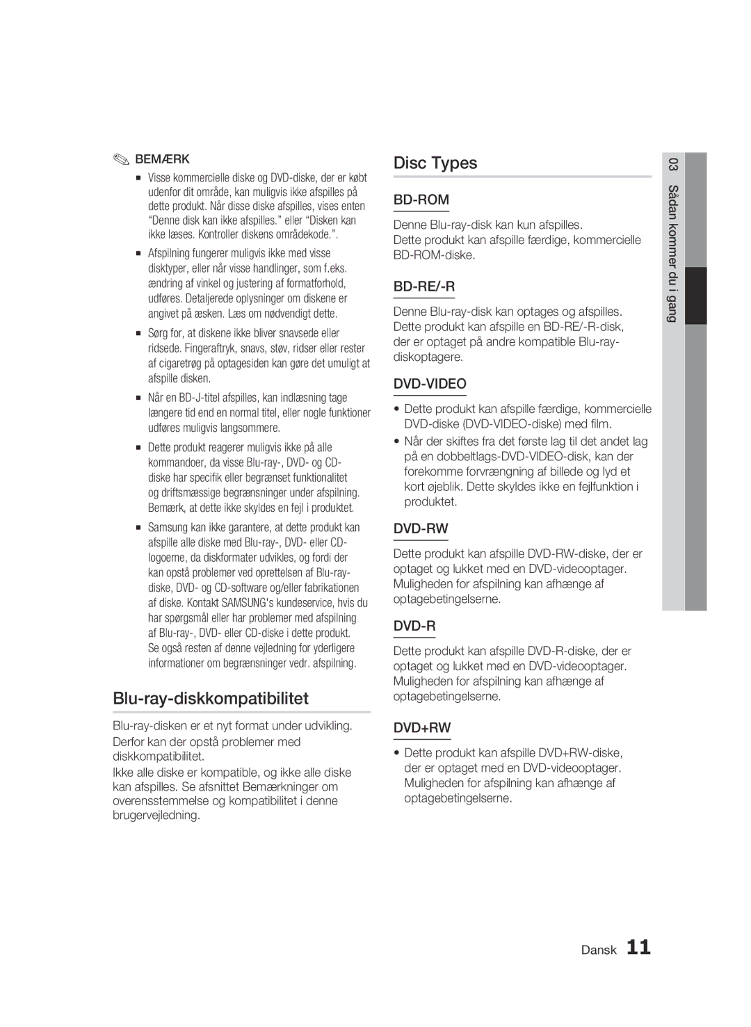 Samsung BD-C7500/XEE manual Blu-ray-diskkompatibilitet, Disc Types 