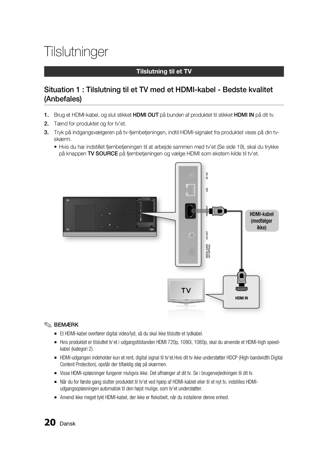 Samsung BD-C7500/XEE manual Tilslutninger, Tilslutning til et TV 