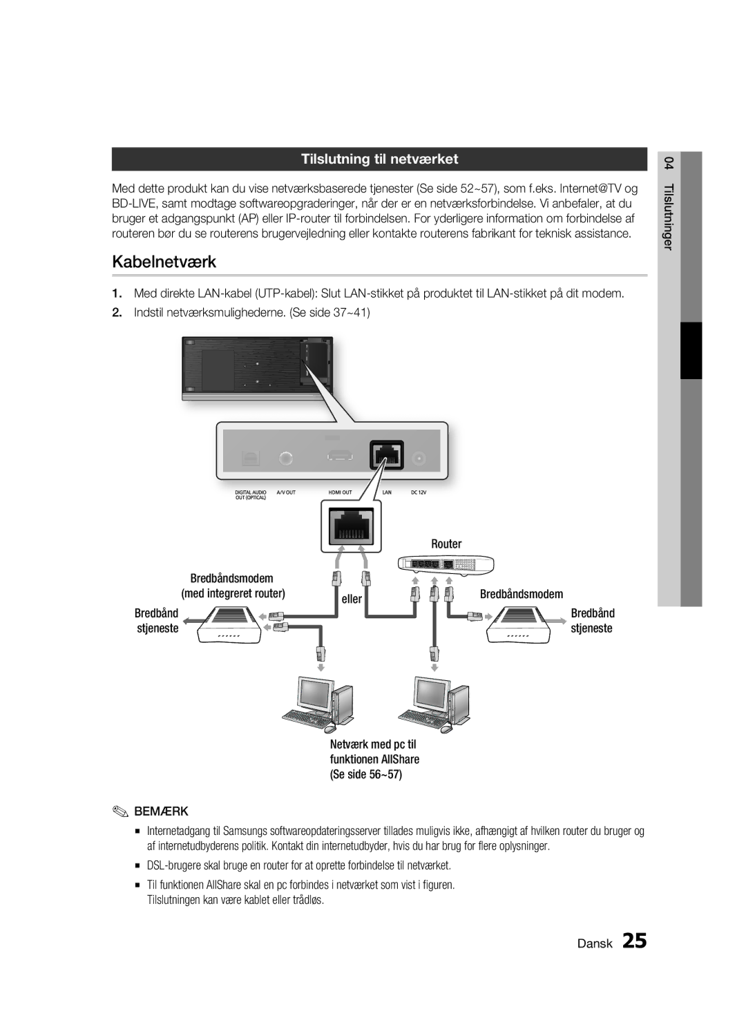 Samsung BD-C7500/XEE manual Kabelnetværk, Tilslutning til netværket 