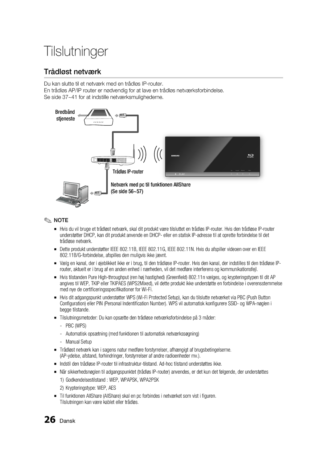 Samsung BD-C7500/XEE manual Trådløst netværk, Du kan slutte til et netværk med en trådløs IP-router, Pbc Wps 