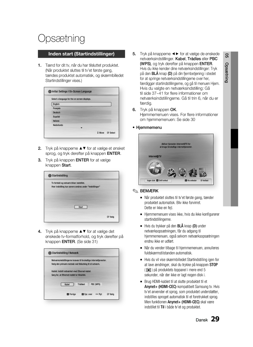 Samsung BD-C7500/XEE manual Opsætning, Inden start Startindstillinger, Tryk på knappen Enter for at vælge knappen Start 