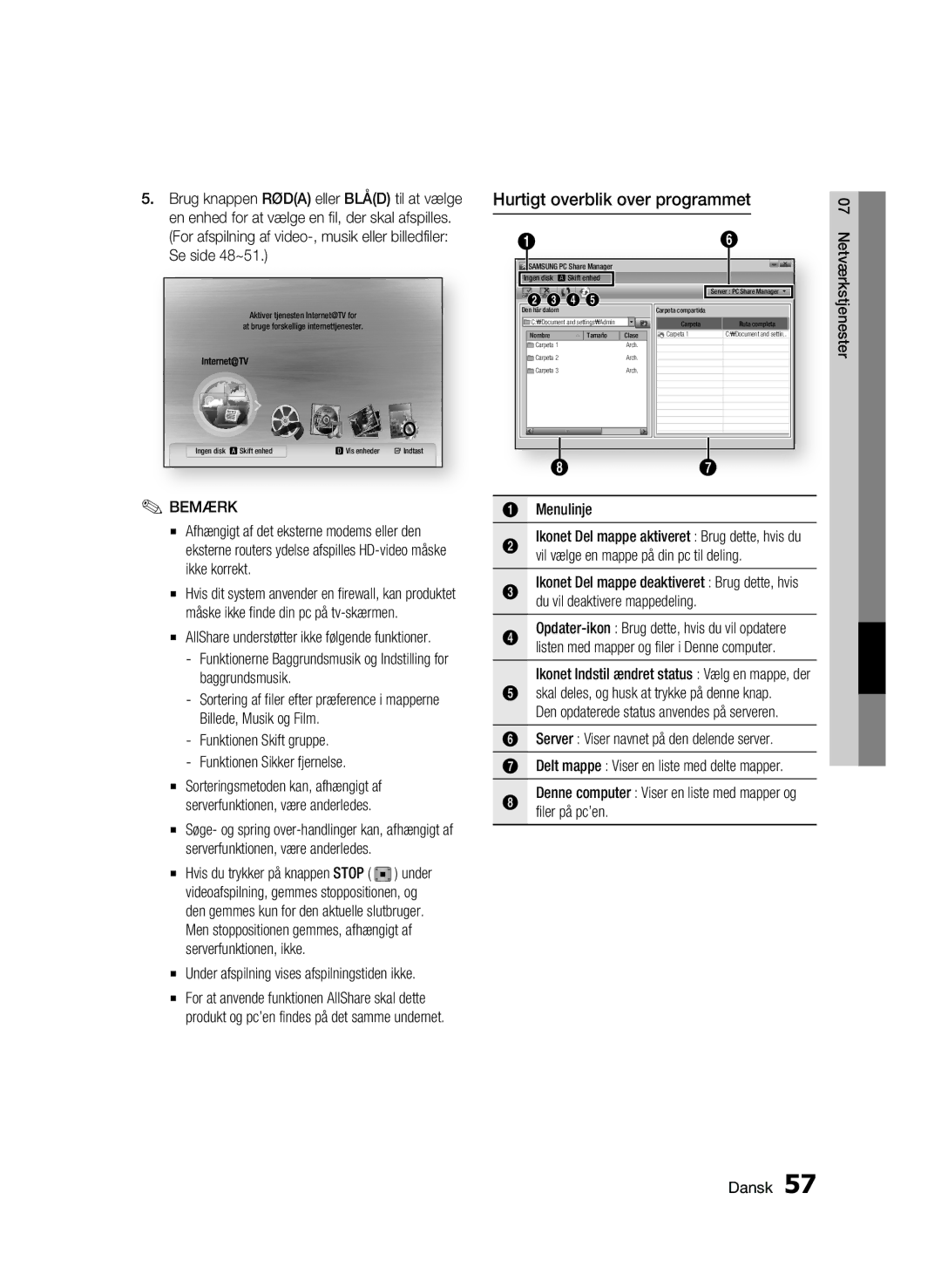 Samsung BD-C7500/XEE Hurtigt overblik over programmet, Menulinje, Vil vælge en mappe på din pc til deling, Filer på pc’en 