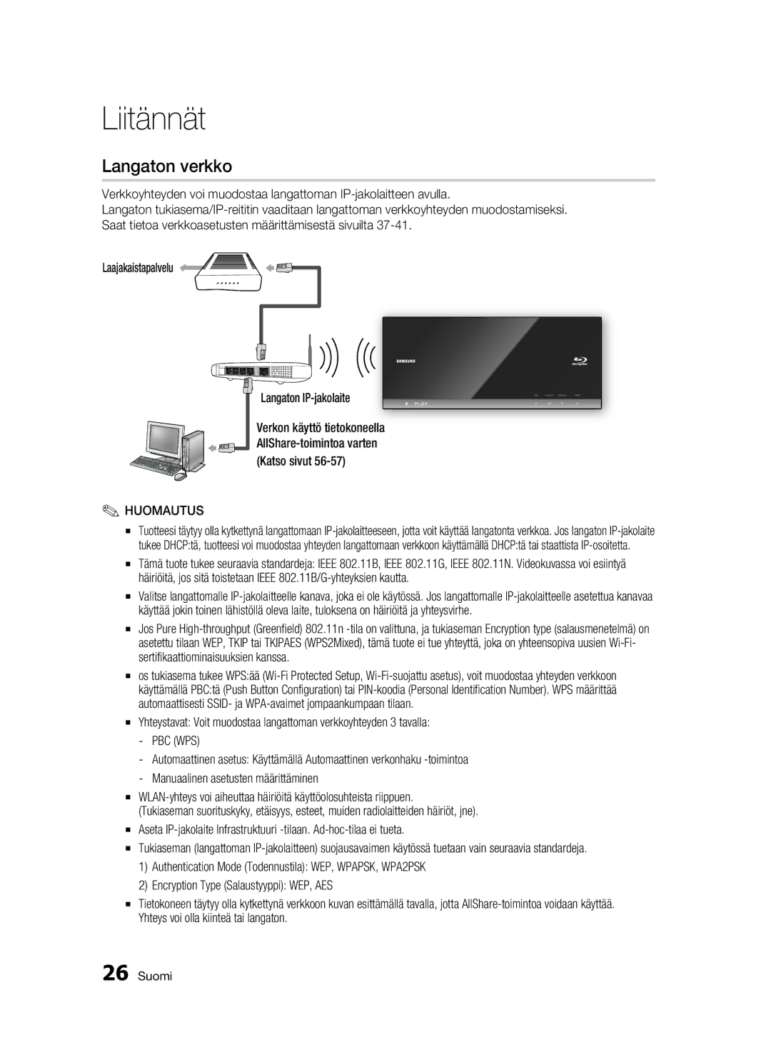 Samsung BD-C7500/XEE manual Langaton verkko, Pbc Wps 