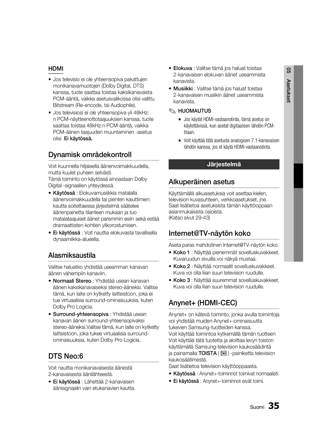 Samsung BD-C7500/XEE Dynamisk områdekontroll, Alasmiksaustila, DTS Neo6, Alkuperäinen asetus, Internet@TV-näytön koko 